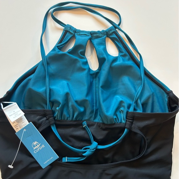 NWT Cupshe Teal and Black Halter Style Swimsuit with Lace Tie Back Size Med - Picture 4 of 5
